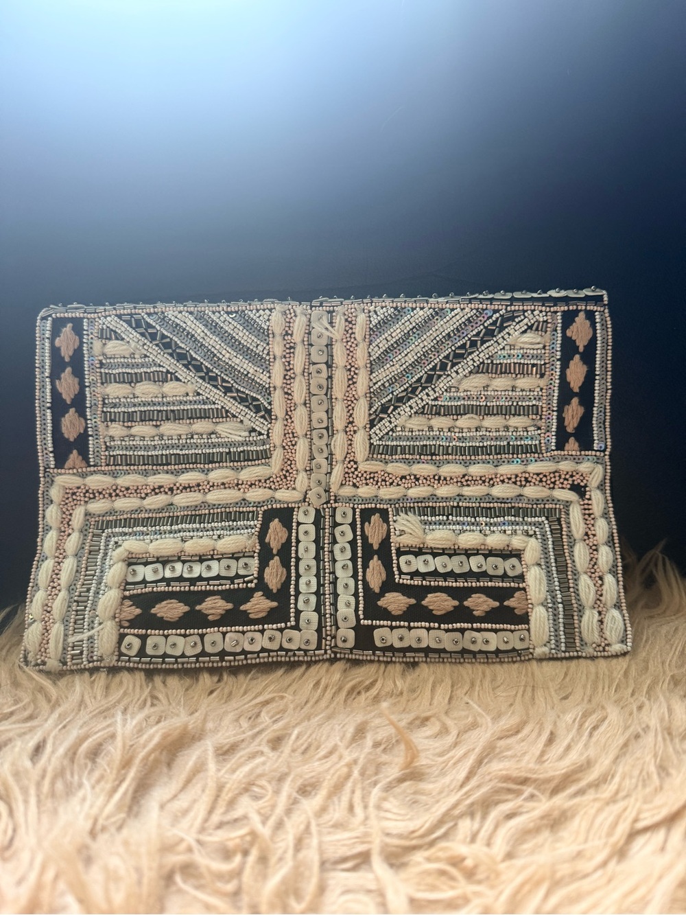 Embellished Black and Cream Beaded Fold-Over Clutch
